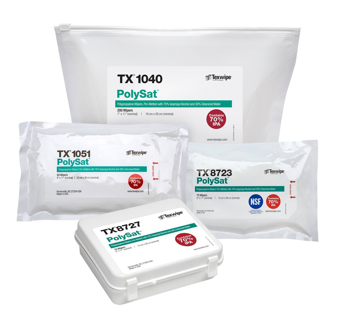 Texwipe PolySat Polypropylene Wipers, Pre-wetted with 70% Isopropyle Alcohol and 30% Deionized Water. TX1040 200 Wipers, TX1051 50 Wipers, TX8723 75 Wipers, TX8727 75 Wipers.